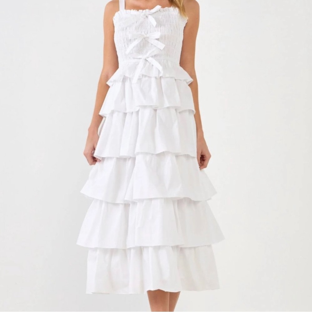 English Factory White Maxi Ruffle Dress with bows